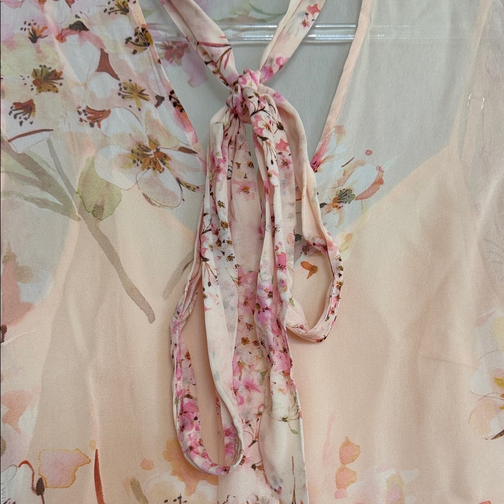 Twin-Set Pink Floral Tie-Neck Cap Sleeve Blouse - Picture 8 of 13